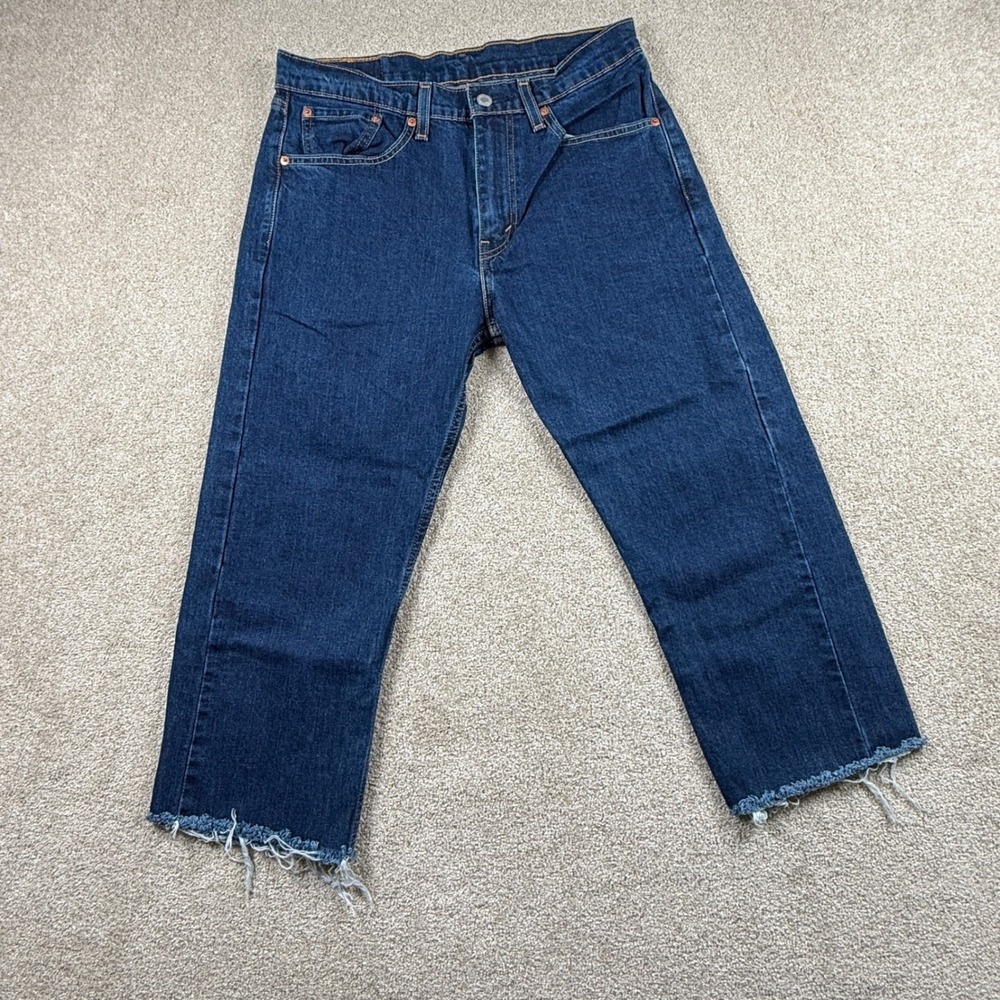 Levis 505 Regular Fit Dark Wash Straight Leg Raw Hem Jeans Mens W32 L21 Custom